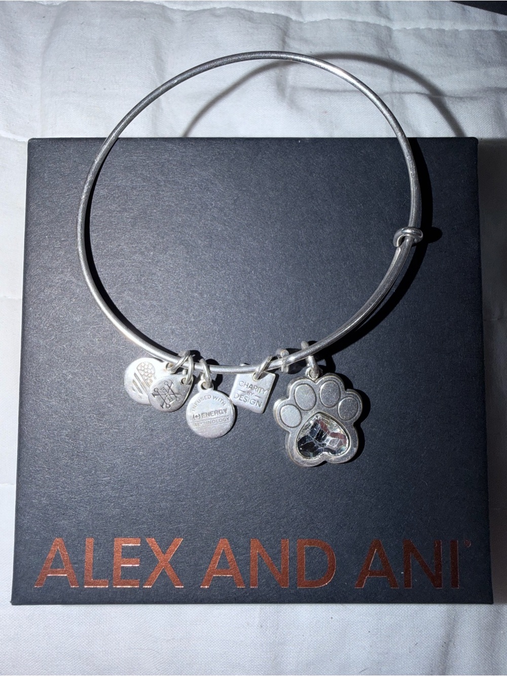 Alex and Ani Silver Paw Charm Bangle Bracelet - Paw Print with Crystal Accent